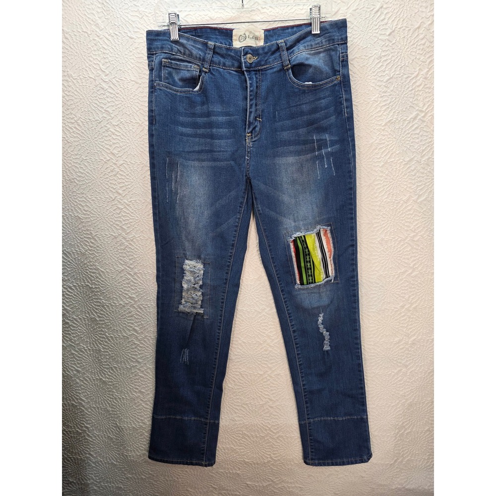 L&B Distressed Jeans Women 14 Blue Good Patchwork Mid Rise Straight Leg Stretch